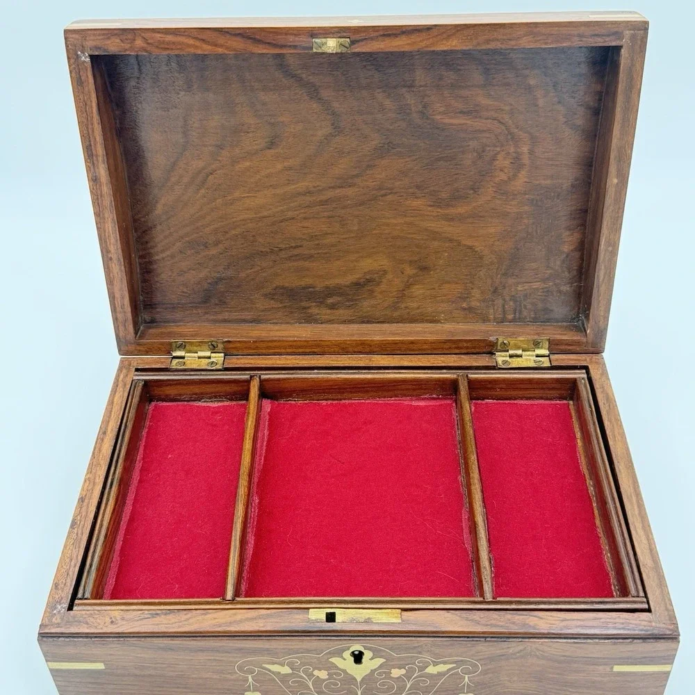 Vintage Wood Jewelry Keepsake Box Brass Inlay Locking - 2 Keys Felt Lined, 12x8
